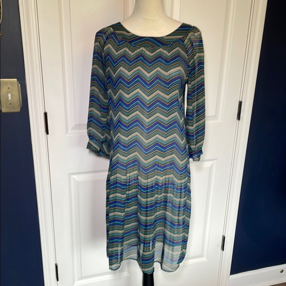 Vintage Style Drop Waist Chevron Print Sheer Dress Green Blue Size Medium